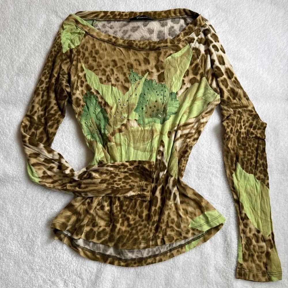 Italian boho fairy off the shoulder  leopard print long sleeve top